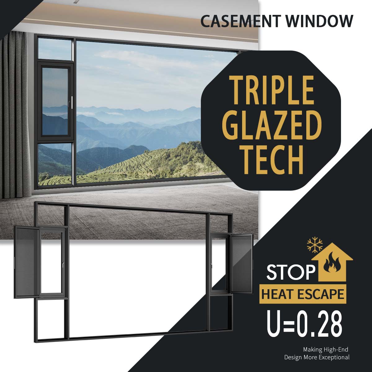 Wazzor Clear Burglar-Proof Interior Alloy Balcony Glass Casement Window Aluminum Frame Bullectproof Screen For Hotels Basements
