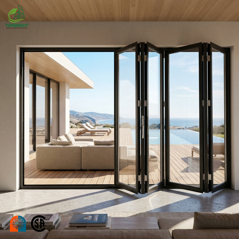 Topbright Modern Black Slim Narrow Frame Aluminum Double-layered Tempered Glass Bi-fold Folding Patio Doors Soundproof Kitchen