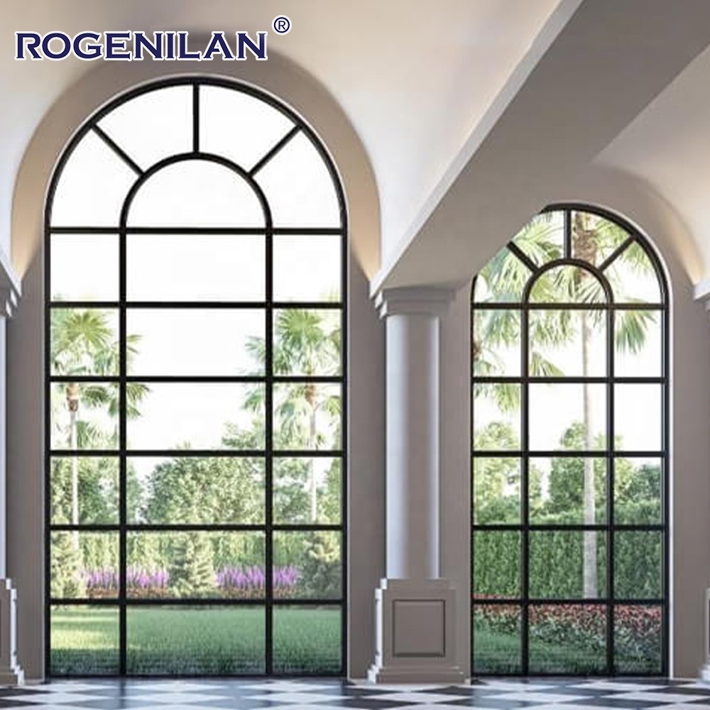 Rogenilan French Waterproof Aluminum Grille Fixed Glass Windows Double Low-E Glazed Arched Panoramic Picture Window