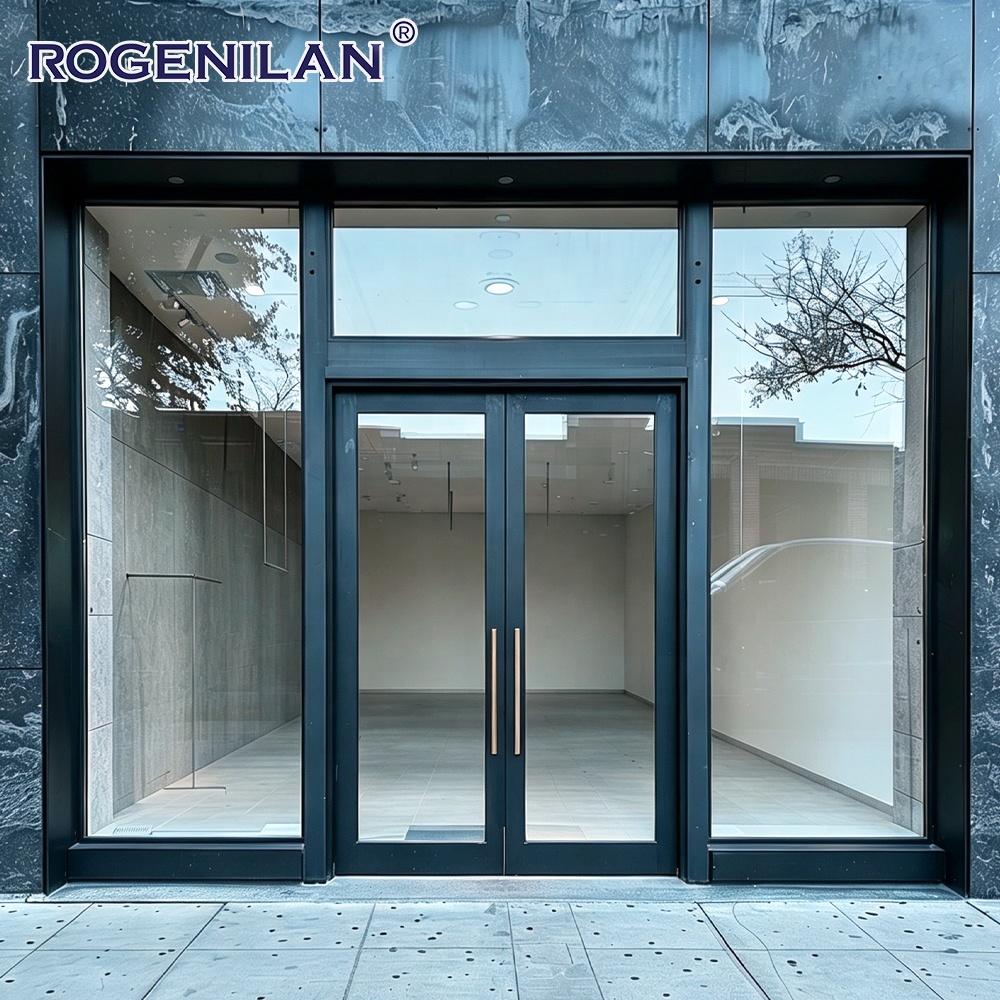 Rogenilan Custom Business Aluminum Security Entry Commercial Door Exterior Tempered Glass Double Swinging Doors