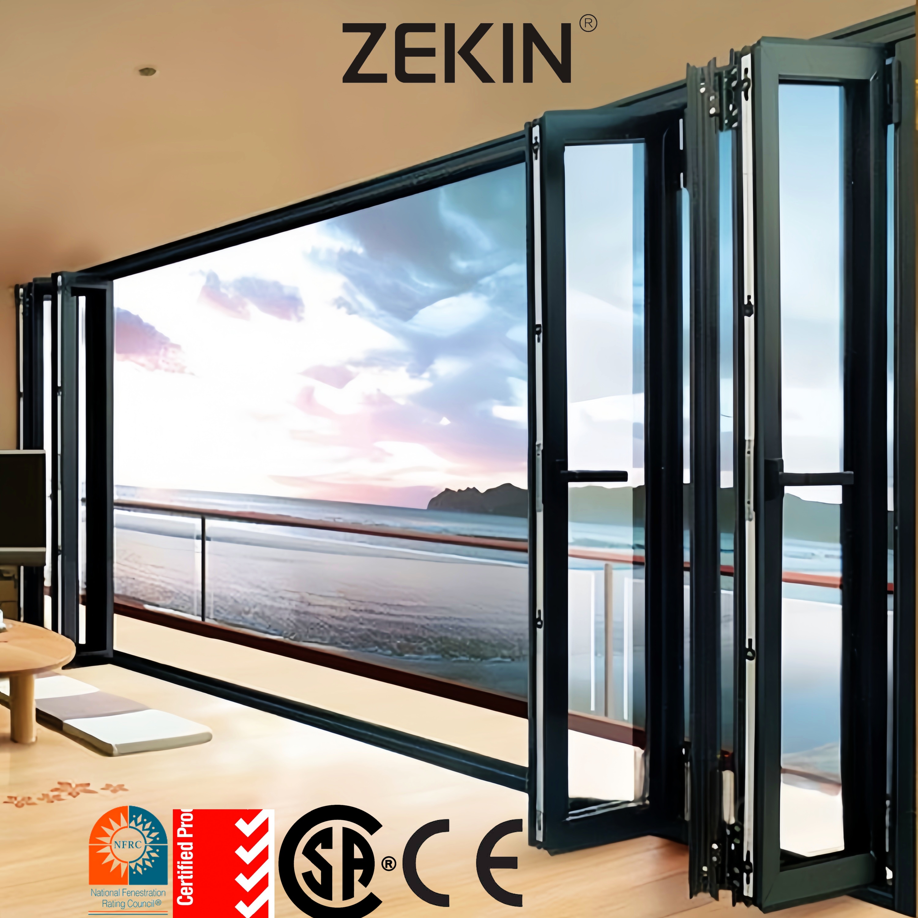 Customized Double Tempered Glass Bi-fold Doors NFRC AS2047 Accordion Space Saving Hurricane Proof Aluminum Folding Door