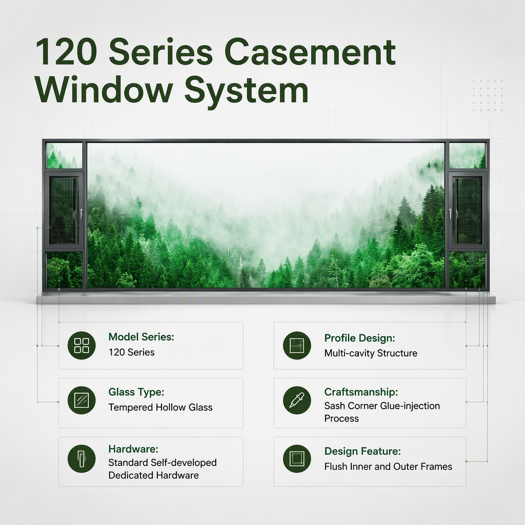 120 Series Thermal Break Casement Window King Kong Mesh Inner and Outer Frame Flush Glazing for Residential Projects