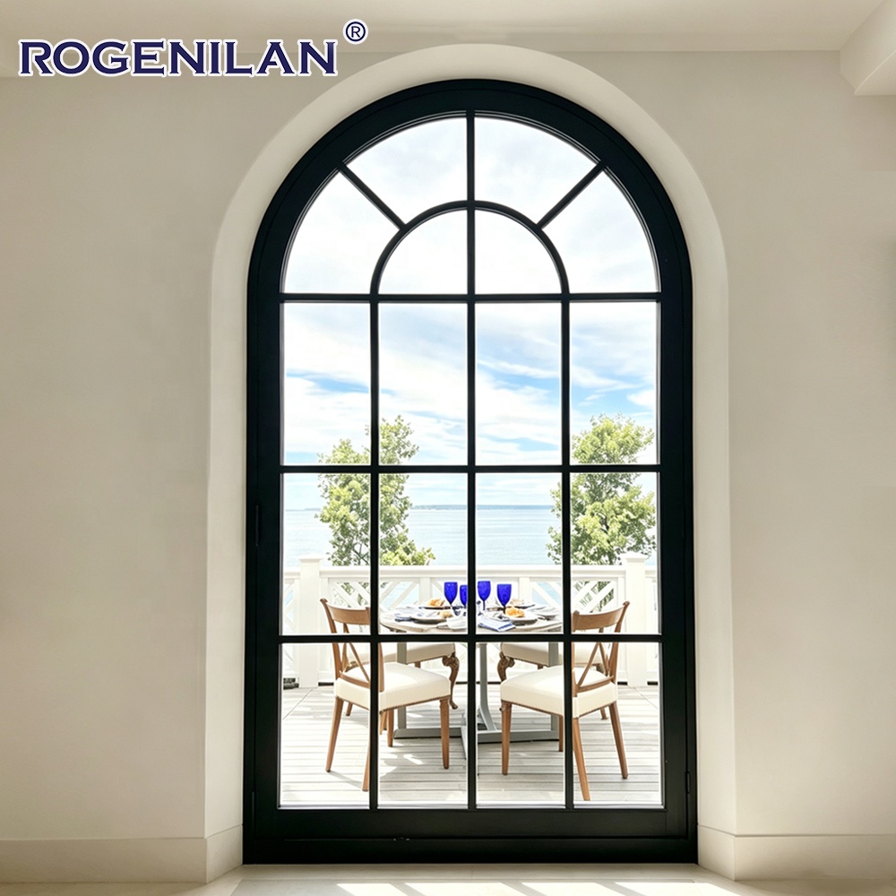Rogenilan French Waterproof Aluminum Grille Fixed Glass Windows Double Low-E Glazed Arched Panoramic Picture Window