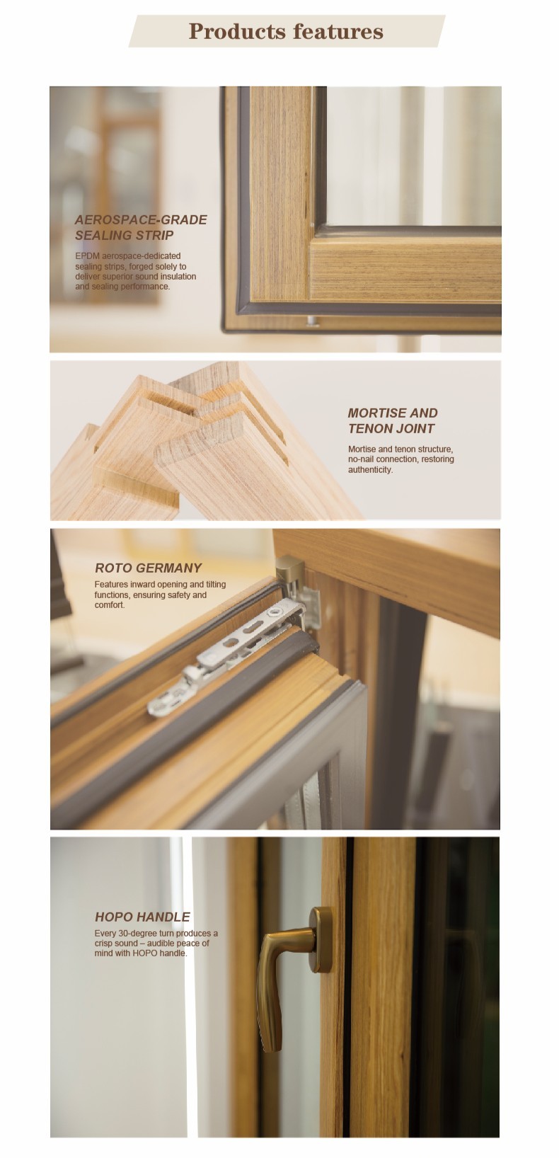 Durable Wood Casement Windows Weather Resistant Natural Grain Easy to Install Patio Use