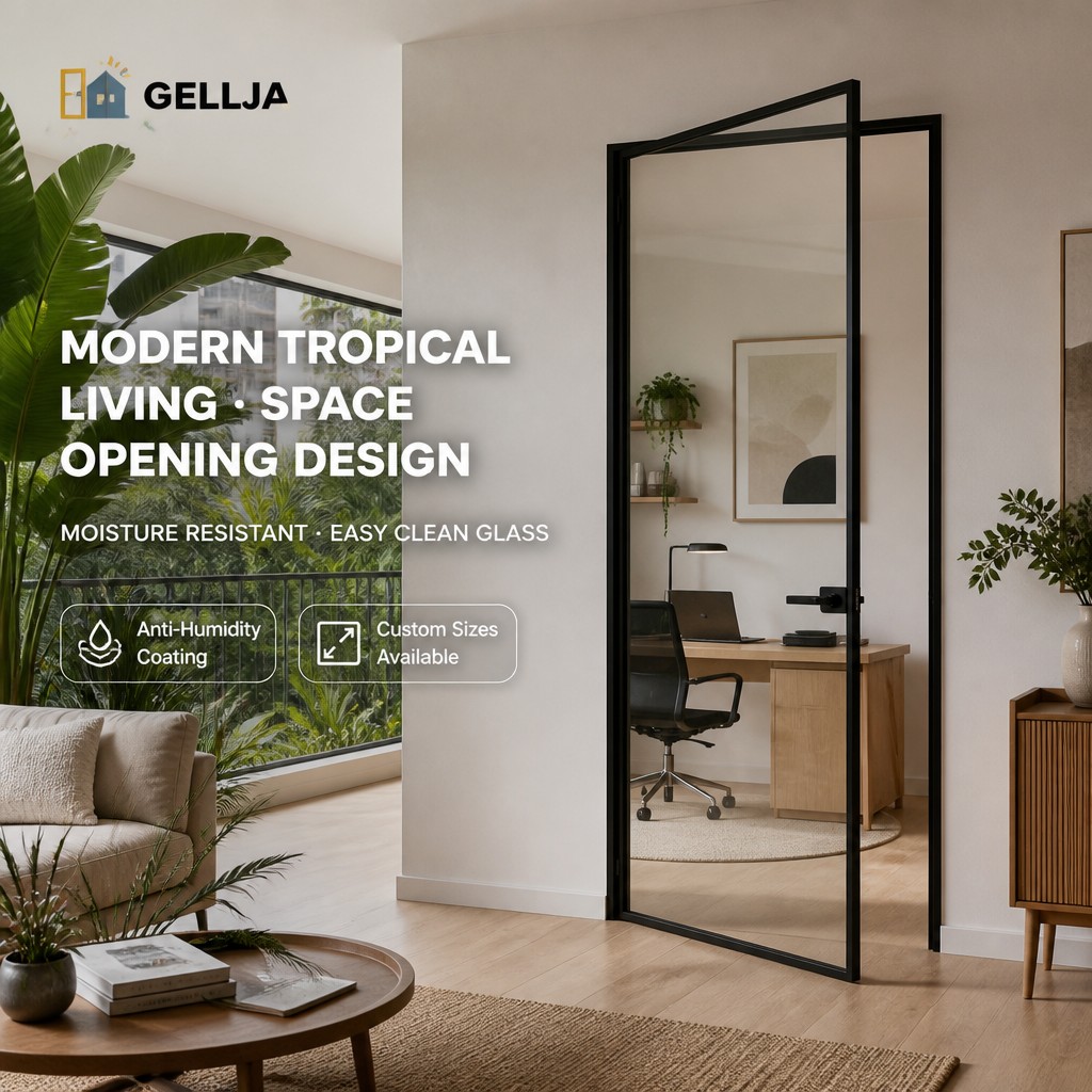 GELLJA Modern Interior Aluminum Swing Door Fluted Glass Narrow Frame Manual CE Certified for Apartment Hotel Bathroom Kitchen