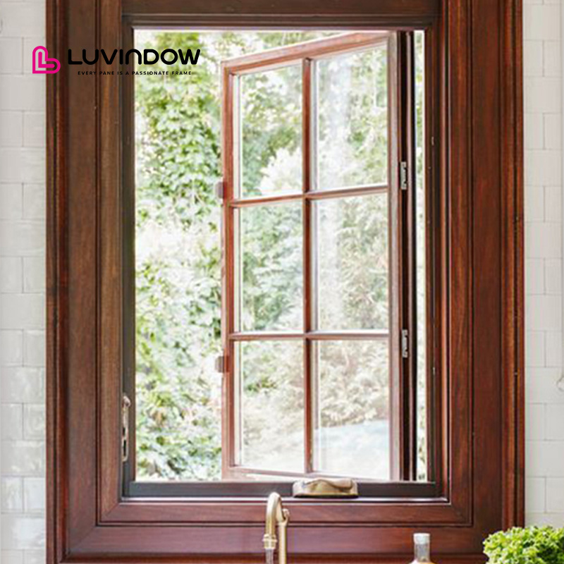Luvindow Premium Aluminum Clad Wood Windows for Houses Double Tempered Glass Heat Insulated Crank Open Wooden Windows