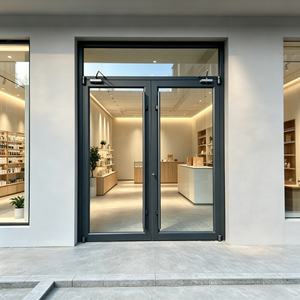 Storefront Door Commercial Aluminum Charcoal Grey Slim Frame Two Swing Glass With Door Closer for Store
