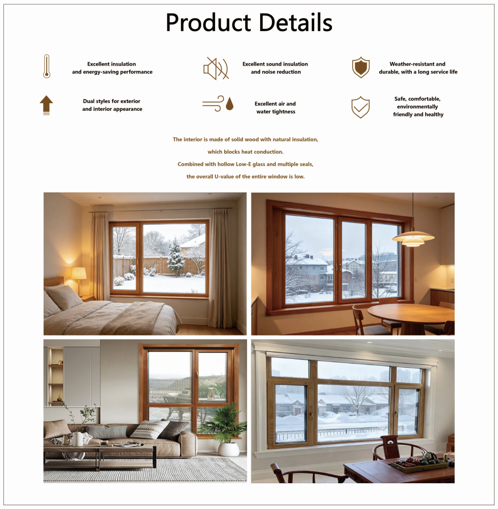 PDP High-Security Anti-Theft Aluminium Clad Wood Glass Casement Doors for Courtyard and Balcony