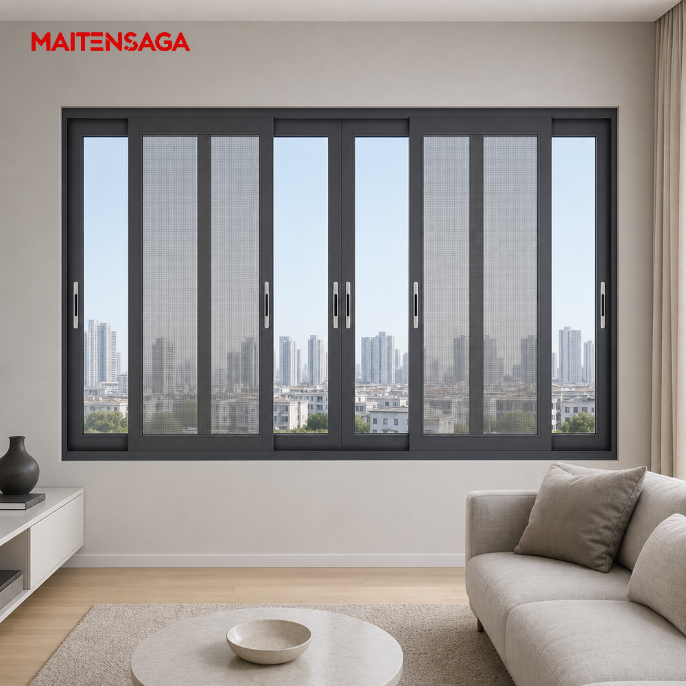 Three Track Aluminium Sliding Window Double Glazing Black Frame Modern Horizontal Sliding Glass Window for Balcony Living Room