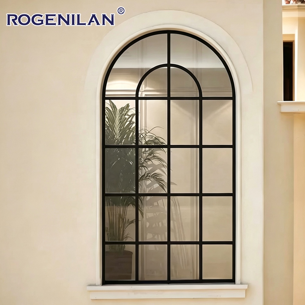 Rogenilan French Waterproof Aluminum Grille Fixed Glass Windows Double Low-E Glazed Arched Panoramic Picture Window