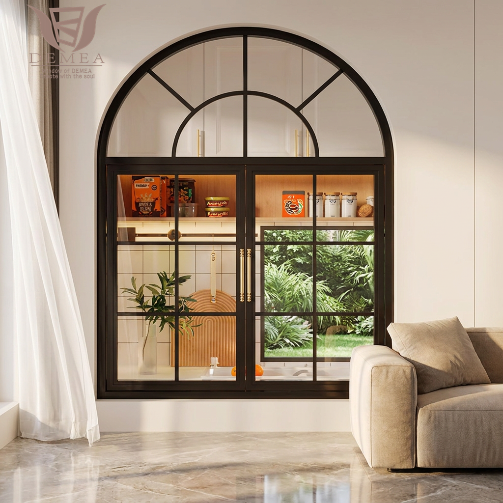 DEMEA Boutique Hotel Bathroom Project Waterproof Energy Saving Round Top Custom Glass Thermal Break Aluminum Casement Window