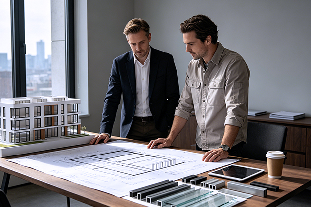 DERCHI engineers reviewing architectural door drawings with clients