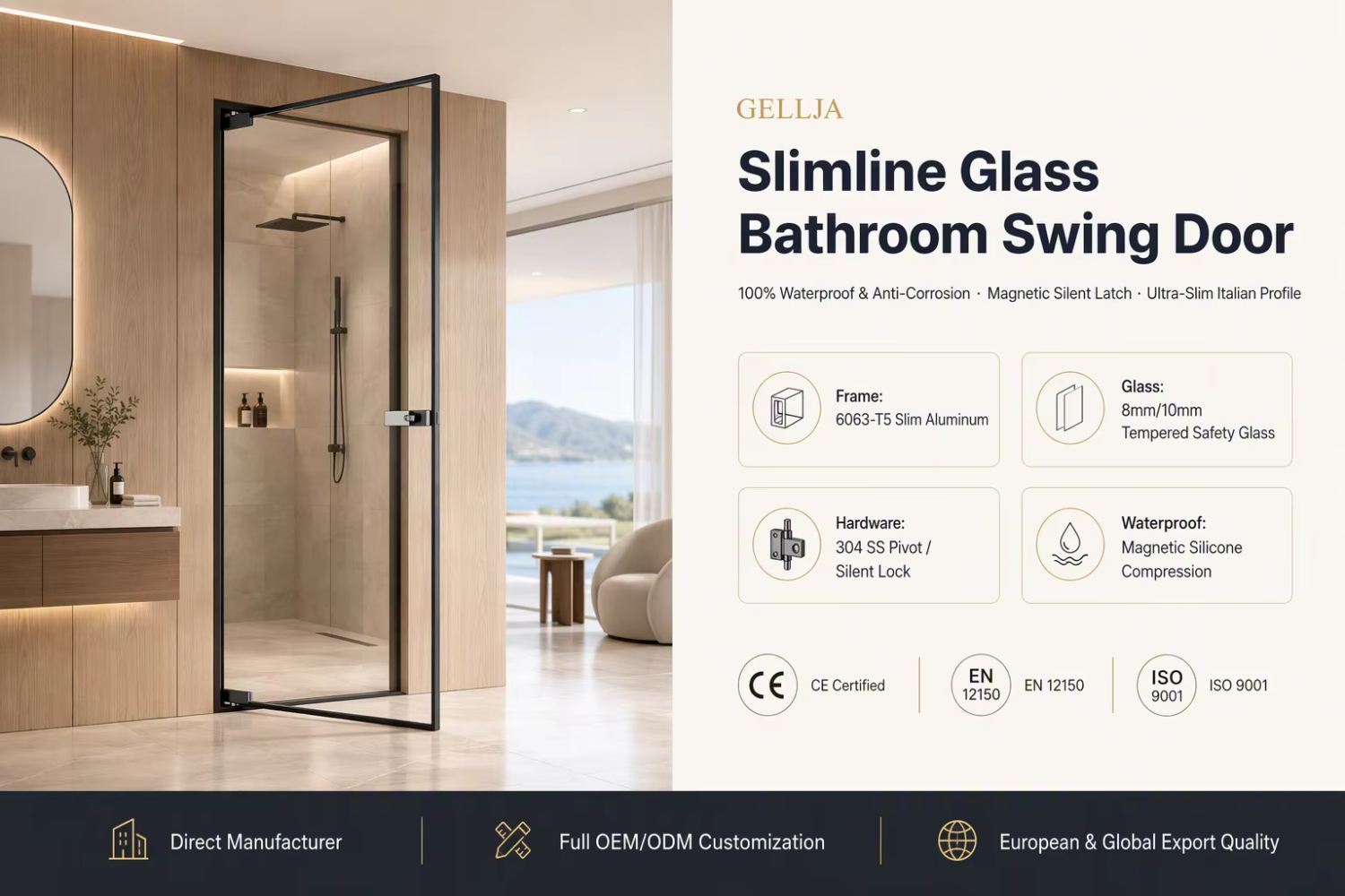Modern French Design Narrow Frame Aluminum Glass Vertical Hinged Door for Interior Kitchen Bedroom Exterior Patio Bathroom