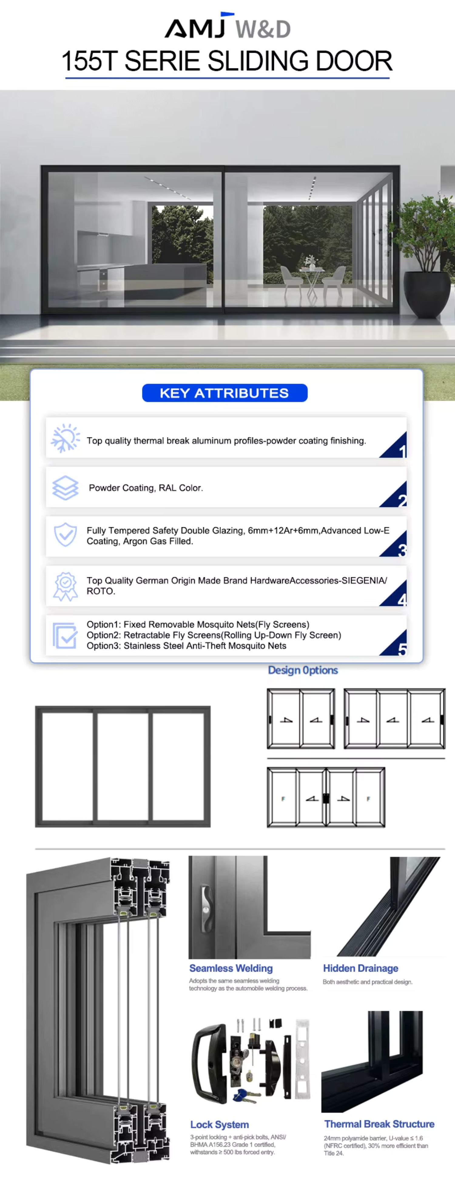 Heavy Duty Modern Energy Efficient External Glass Slide Large Sliding Patio Doors and Windows for Home