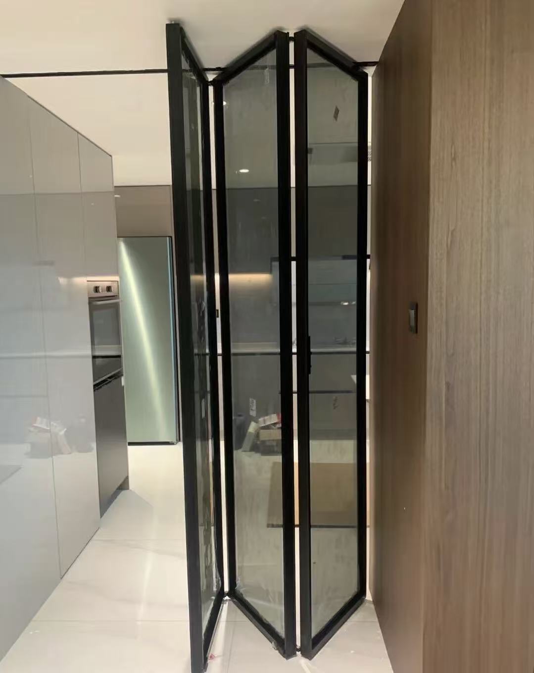 Customized Chinese Standard Indoor Warehouse Minimalist Windproof Aluminum Double Tempered Glass Kitchen Double Folding Door