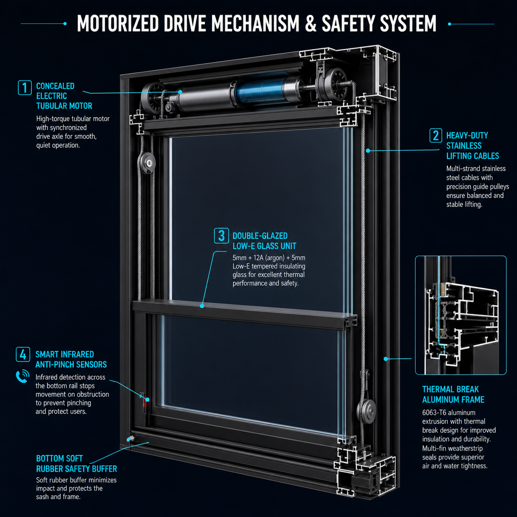Intelligent Electrically-Powered Vertical Telescopic Sliding Lift Wind-Proof Sound-Insulating Single-Hung Aluminum Glass Windows