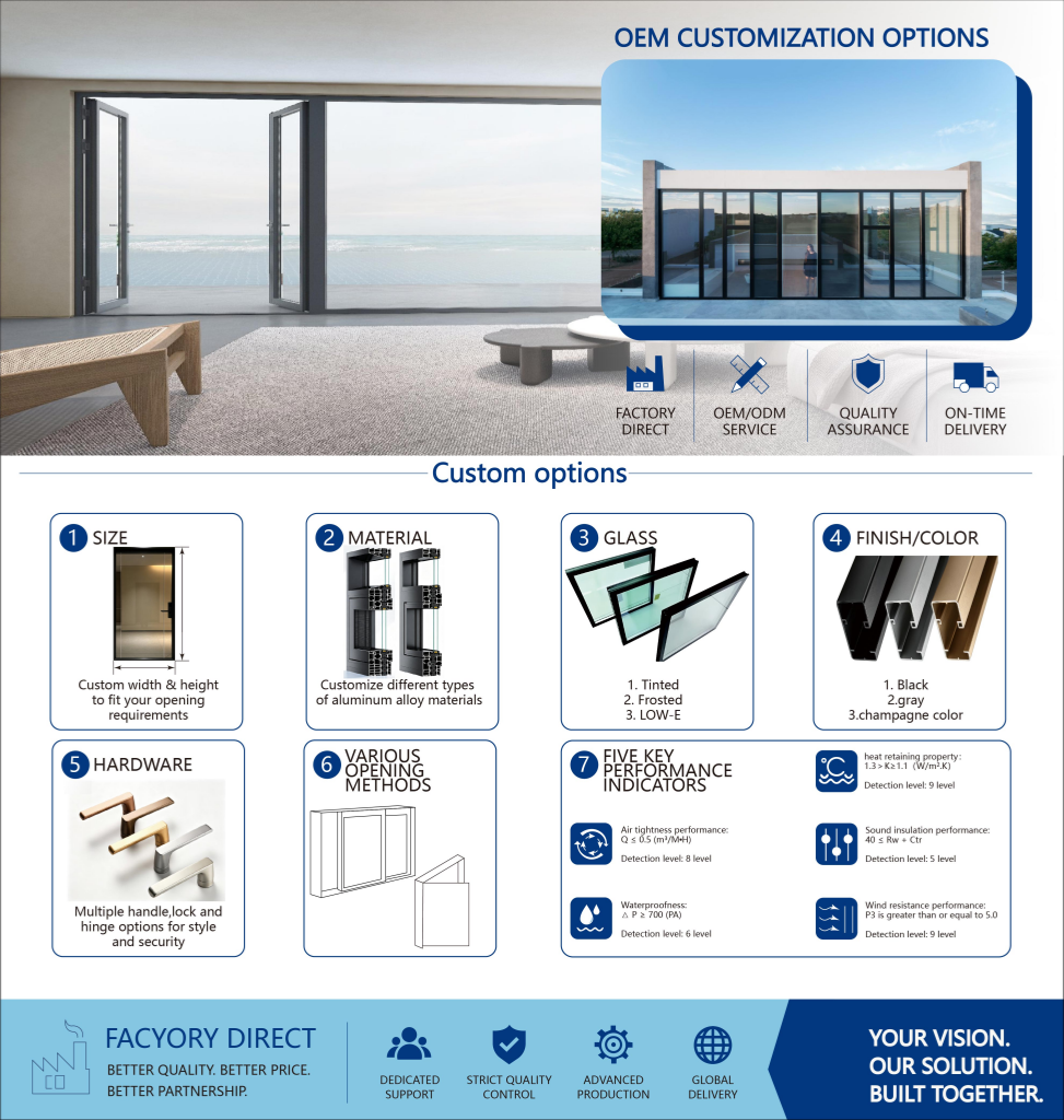 PDP Aluminum Glass Casement Doors Customized Size Swing Horizontal Outdoor Villa House Doors for Hotel and Mall Use