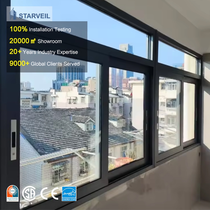 Modern Double Glazed Horizontal Sliding Stacking Commercial Exterior Windows Black Aluminum Frame Waterproof Heat Insulation