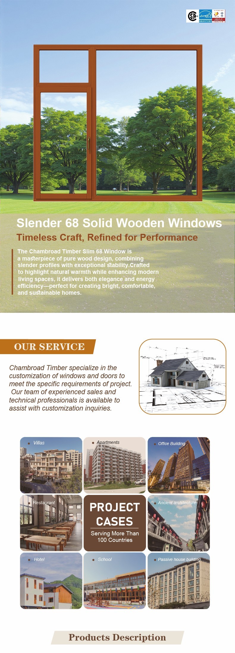 Durable Wood Casement Windows Weather Resistant Natural Grain Easy to Install Patio Use