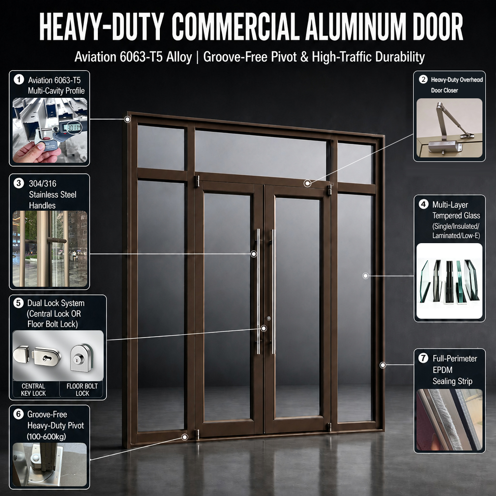 Storefront Door Commercial Aluminum Charcoal Grey Slim Frame Two Swing Glass With Door Closer for Store