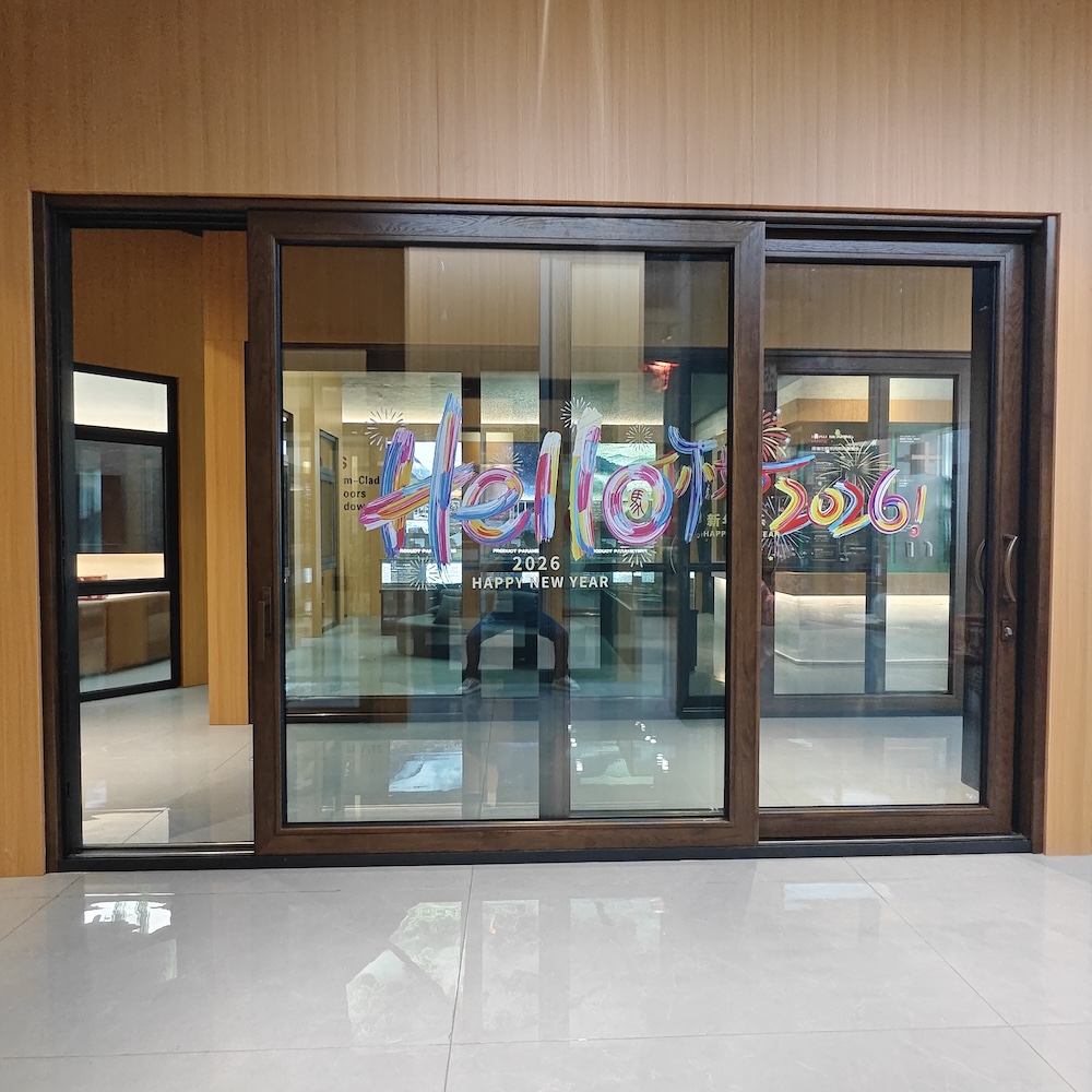 Modern Aluminum Clad Wood Sliding Door Thermal Break Double Glazed Low-E Dark Walnut Interior for Villa Patio