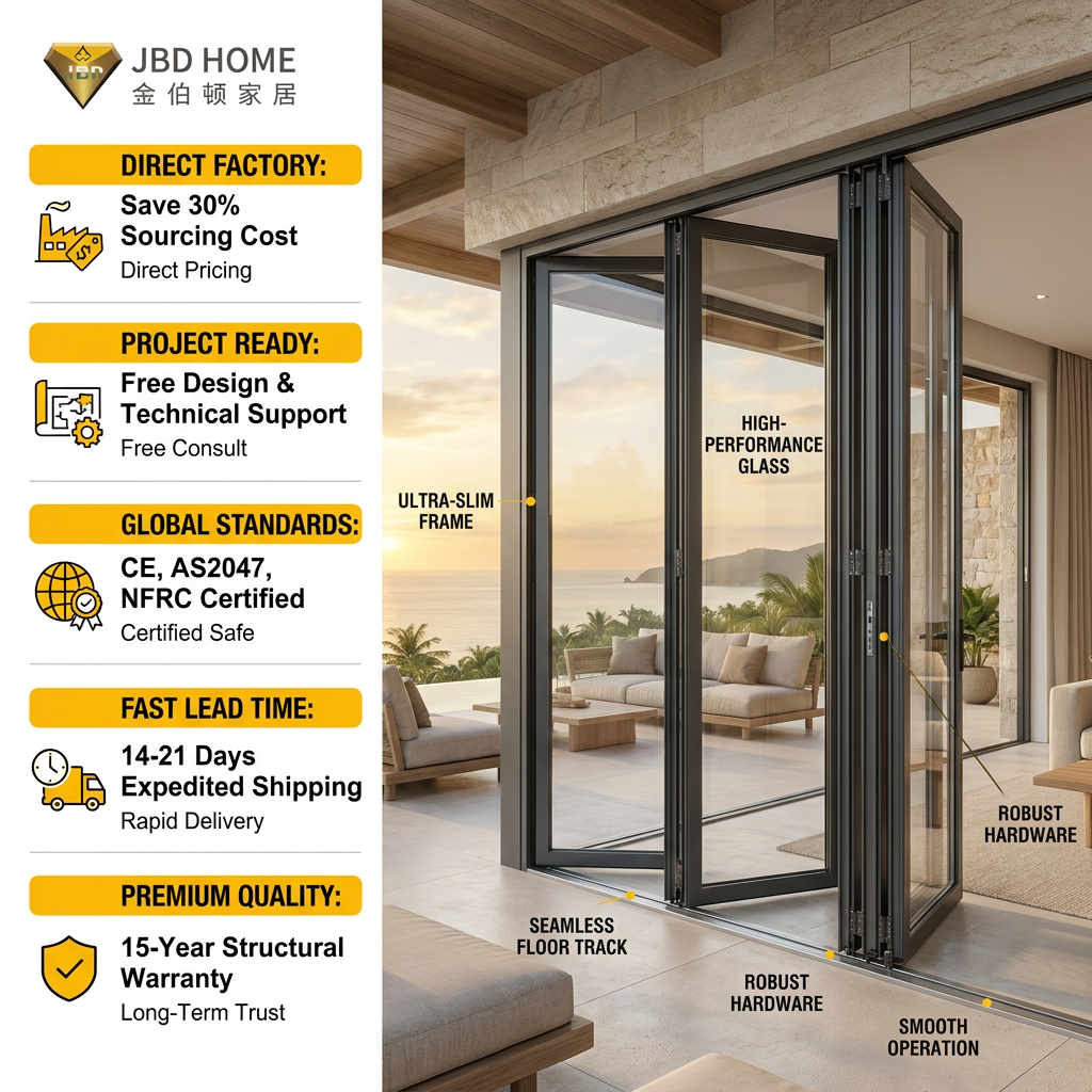 Heavy Duty Modern Aluminum Alloy Folding Door Windproof Waterproof Exterior Large Opening Design