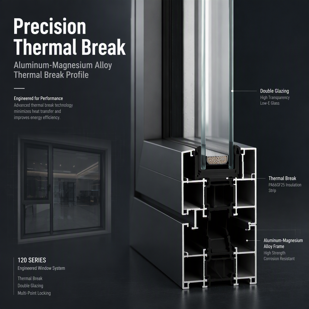 120 Series Casement Window Center Fixed Side Open Thermal Break Aluminum Window