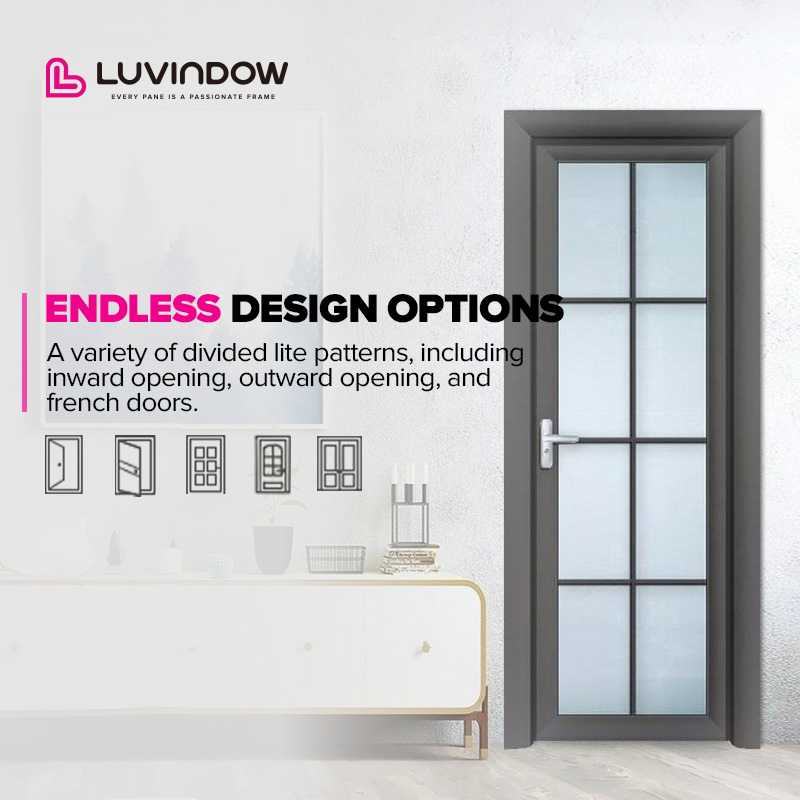 Luvindow Aluminum French Design Mother and Son Double Open Door Modern Front Hinged Main Entrance Door with Grille Design