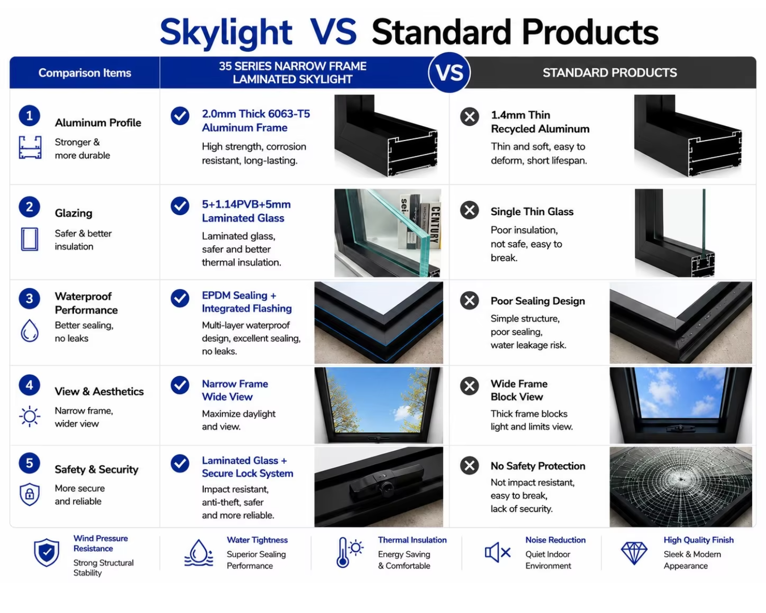 Narrow Frame Laminated Glass Roof Skylight with 2.0mm Aluminum Frame Automatic Vertical Opening for Villa Attic Basement