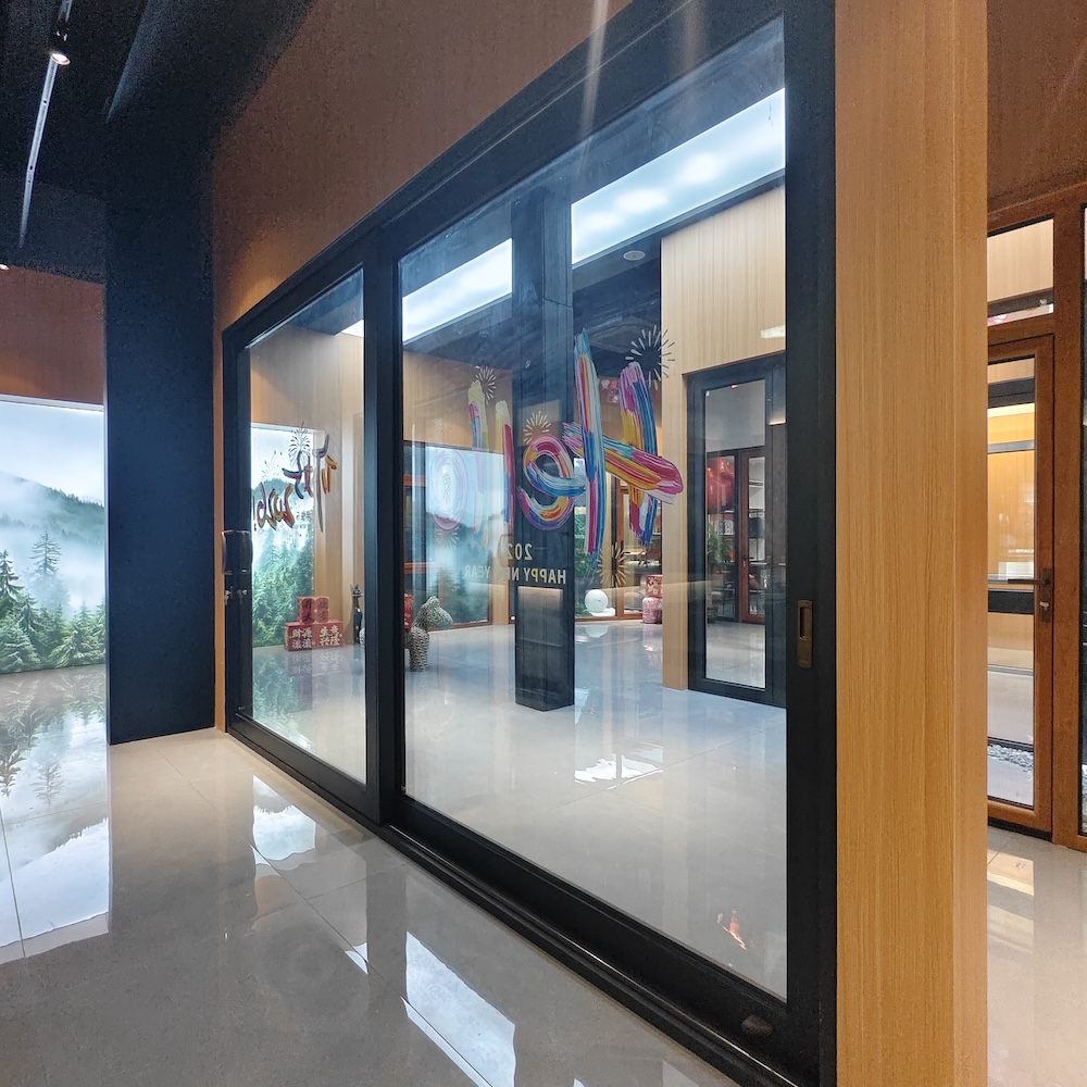 Modern Aluminum Clad Wood Sliding Door Thermal Break Double Glazed Low-E Dark Walnut Interior for Villa Patio