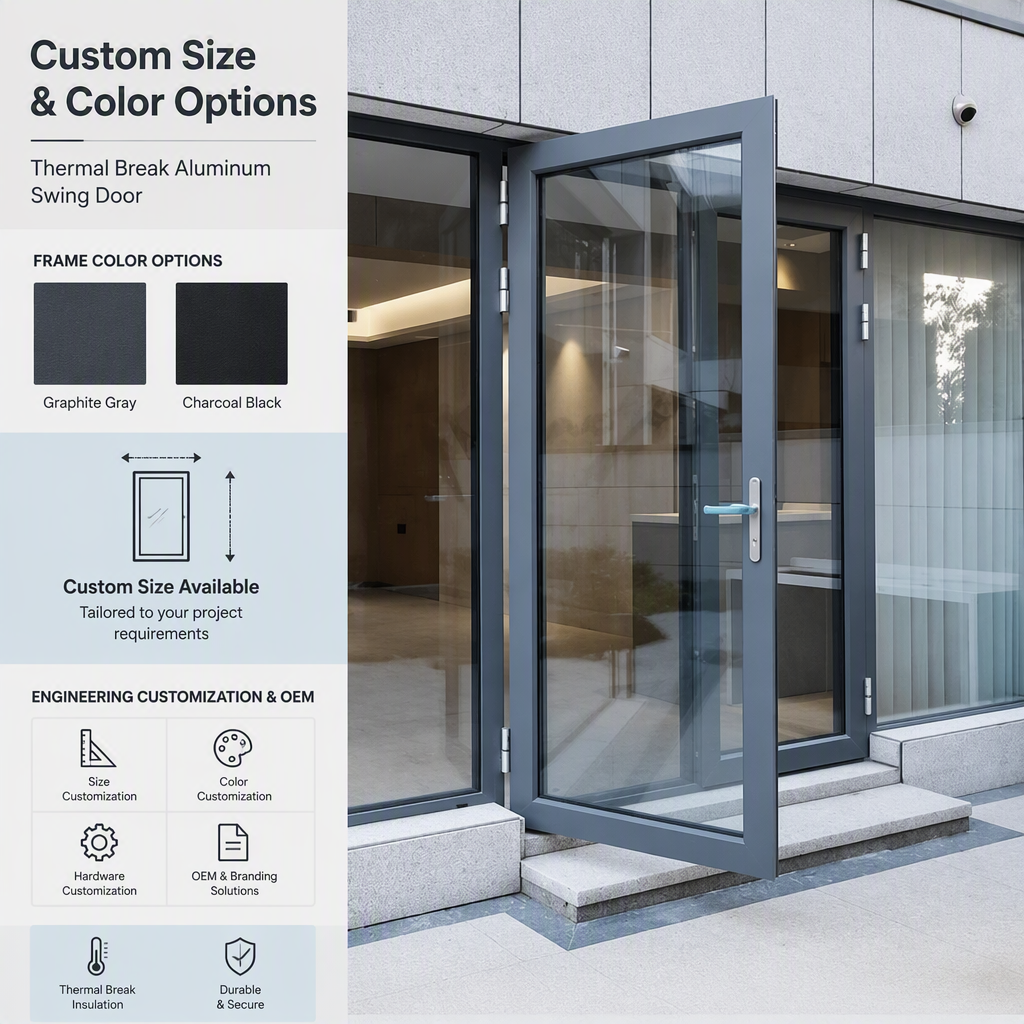Thermal Break Aluminum Swing Door Aluminum Alloy Frame Glass Entry Door Custom Size Color for Hotel Apartment Projects