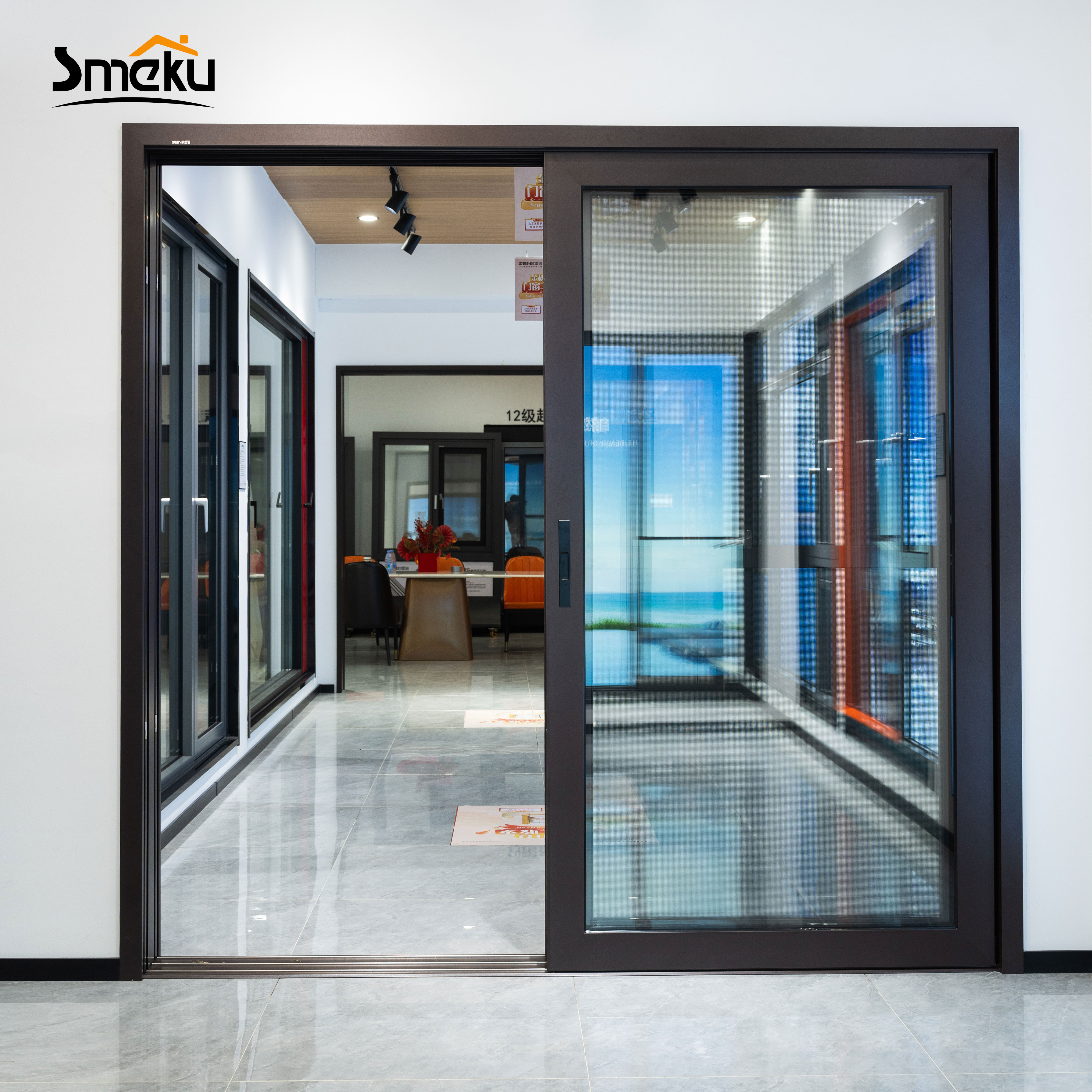Heavy Duty Aluminum Sliding Door Brown Frame Multi-Point Lock Security Glass Door for Residential Safety