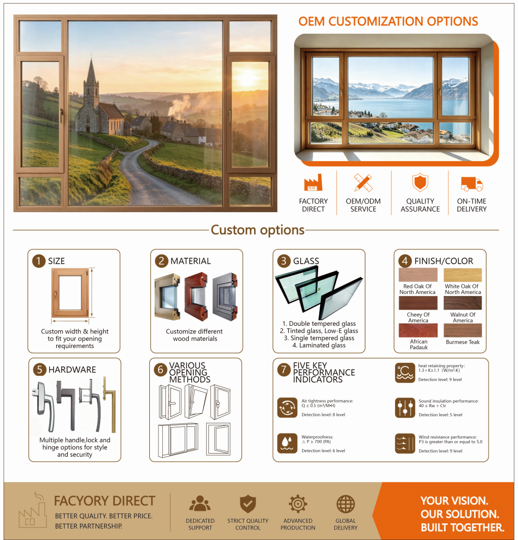 European High Energy Saving Triple Tempered Low-E Aluminum Wood Tilt Turn Windows Heat Insulation Waterproof Exterior Bedroom
