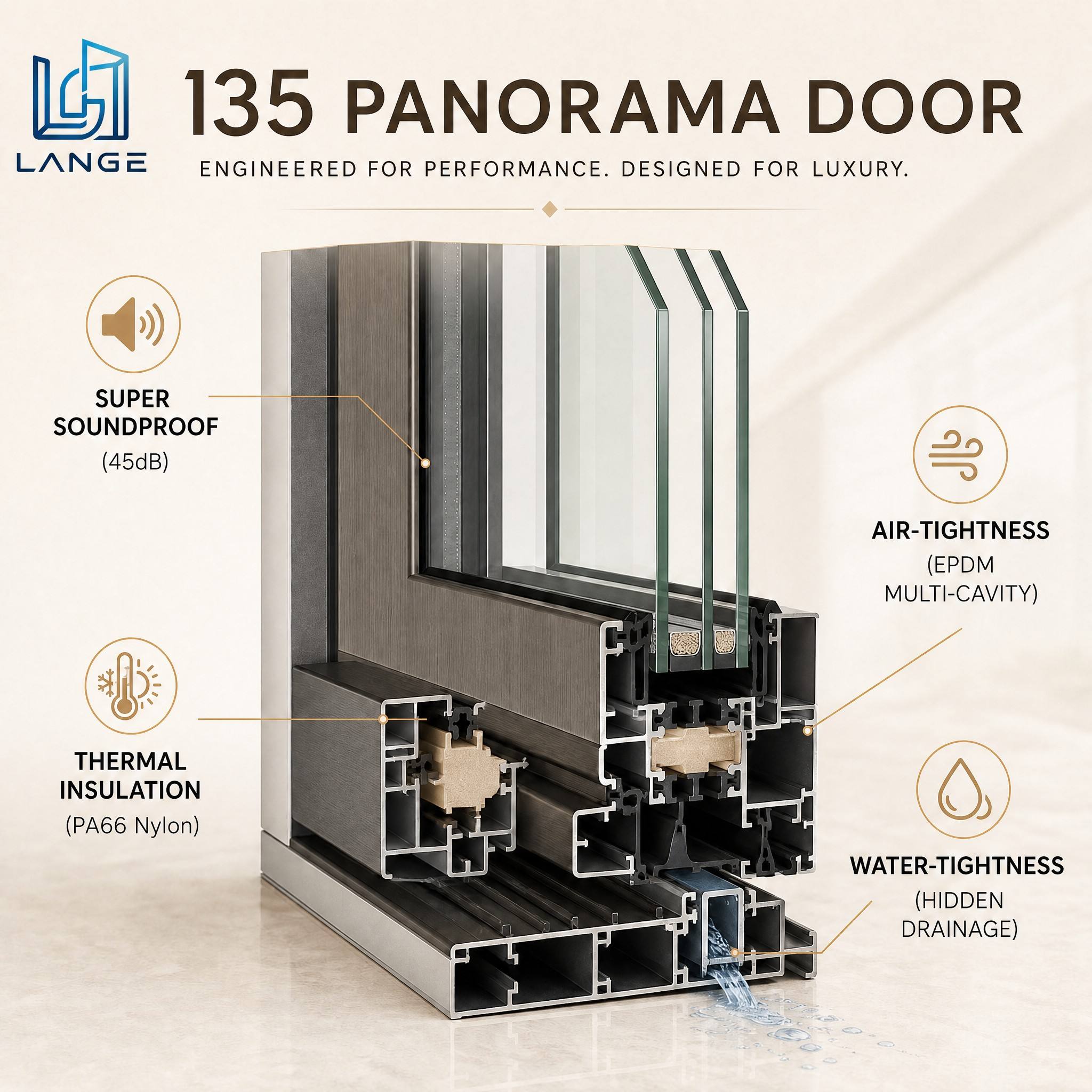 Lange Wholesale Price Modern Design PVDF Coated Aluminium Alloy Glass Door Aluminum Glass Sliding Door
