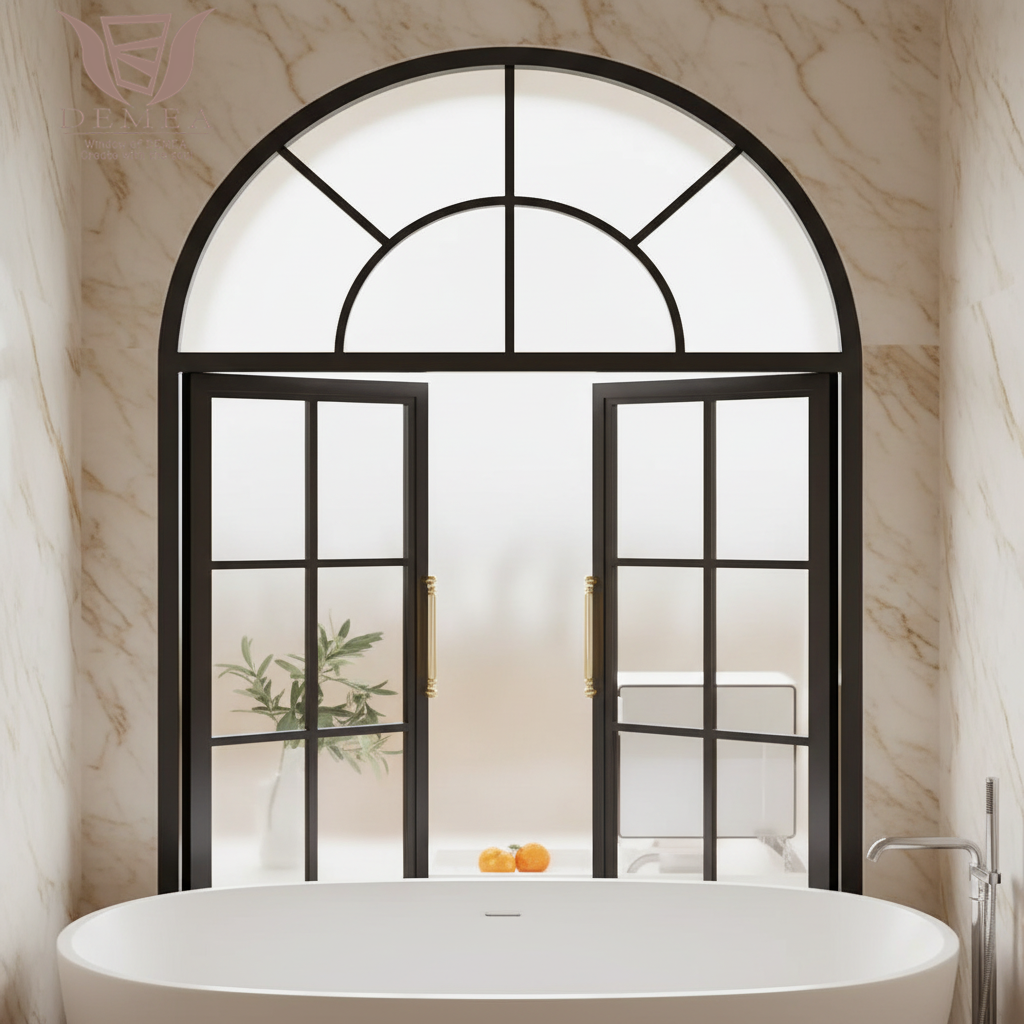 DEMEA Boutique Hotel Bathroom Project Waterproof Energy Saving Round Top Custom Glass Thermal Break Aluminum Casement Window