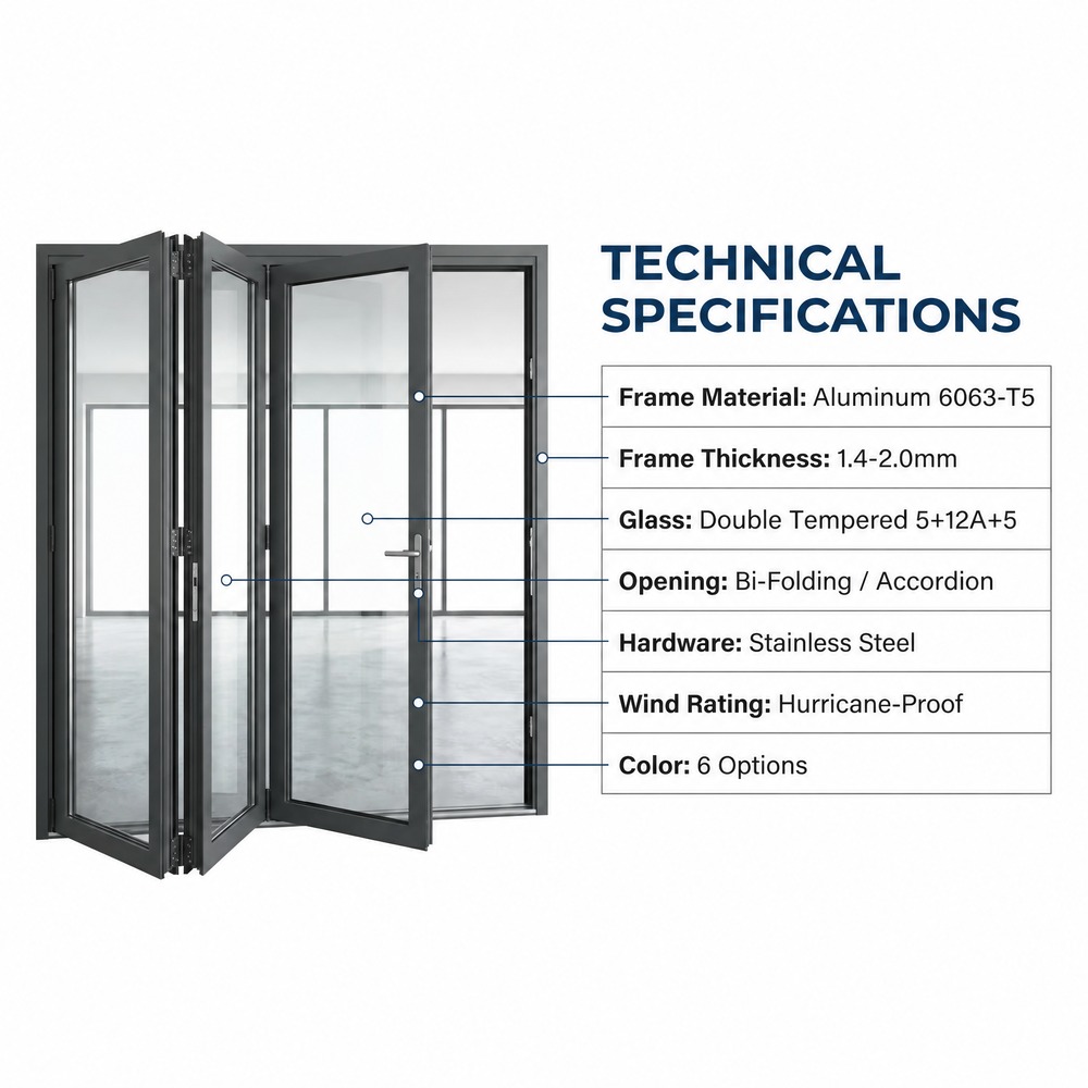 Modern Aluminium Patio Folding Doors Thermal Break Double Tempered Glass Exterior Entry Foldable Villa Door Waterproof Bi-fold