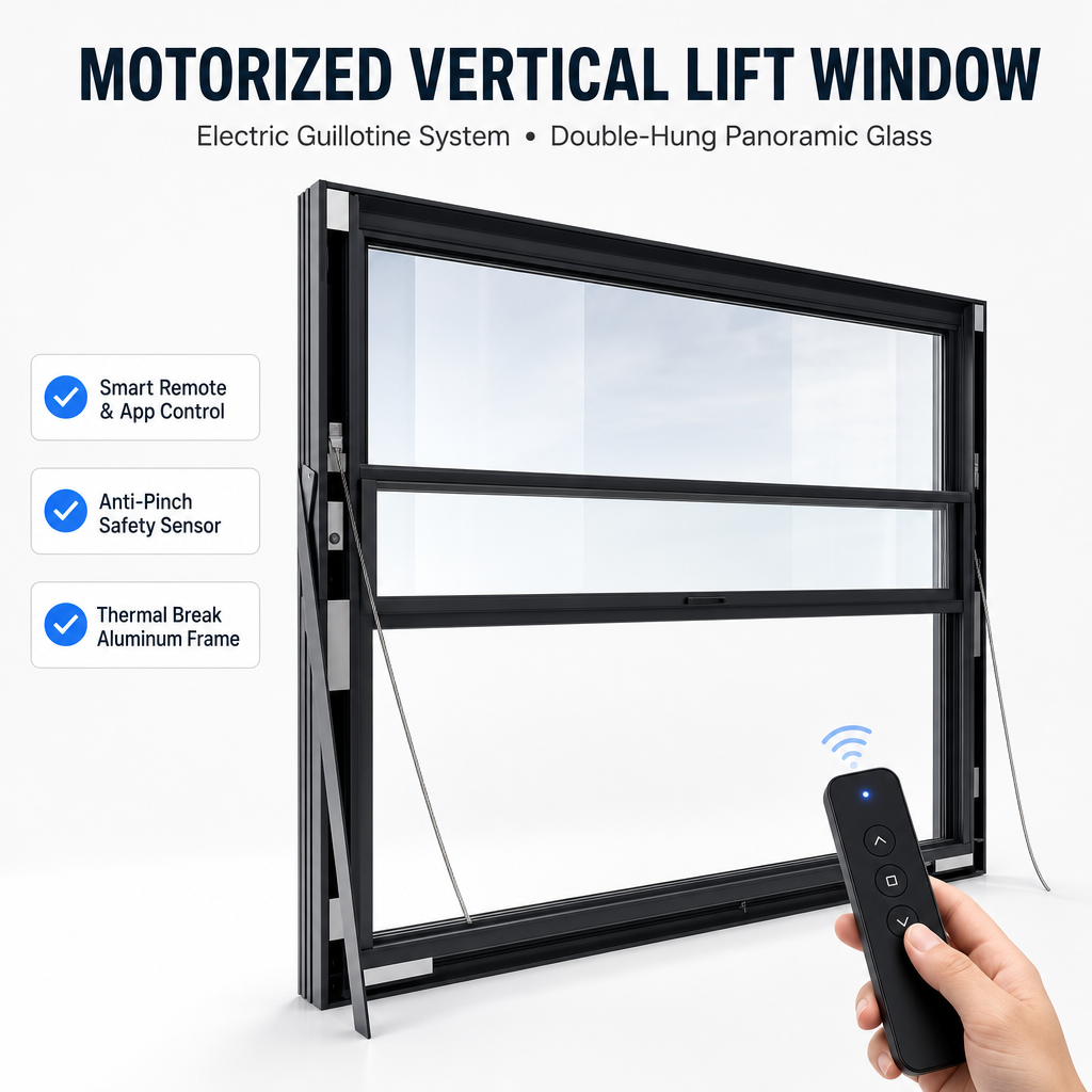 Intelligent Electrically-Powered Vertical Telescopic Sliding Lift Wind-Proof Sound-Insulating Single-Hung Aluminum Glass Windows