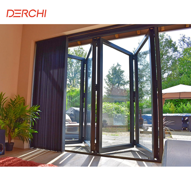 DERCHI Exterior Outdoor Windproof Aluminum Folding Glass Doors Patio with Mosquito Net