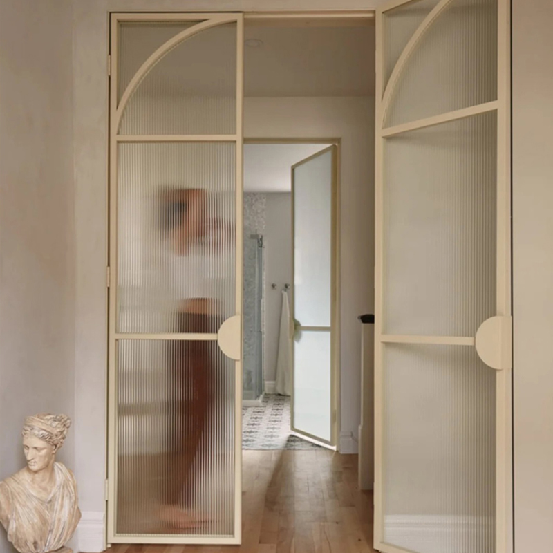 Alucasa for Houses Arch Shaped Casement Grey Glass Contemporary Interior Front Entry Swing Doors