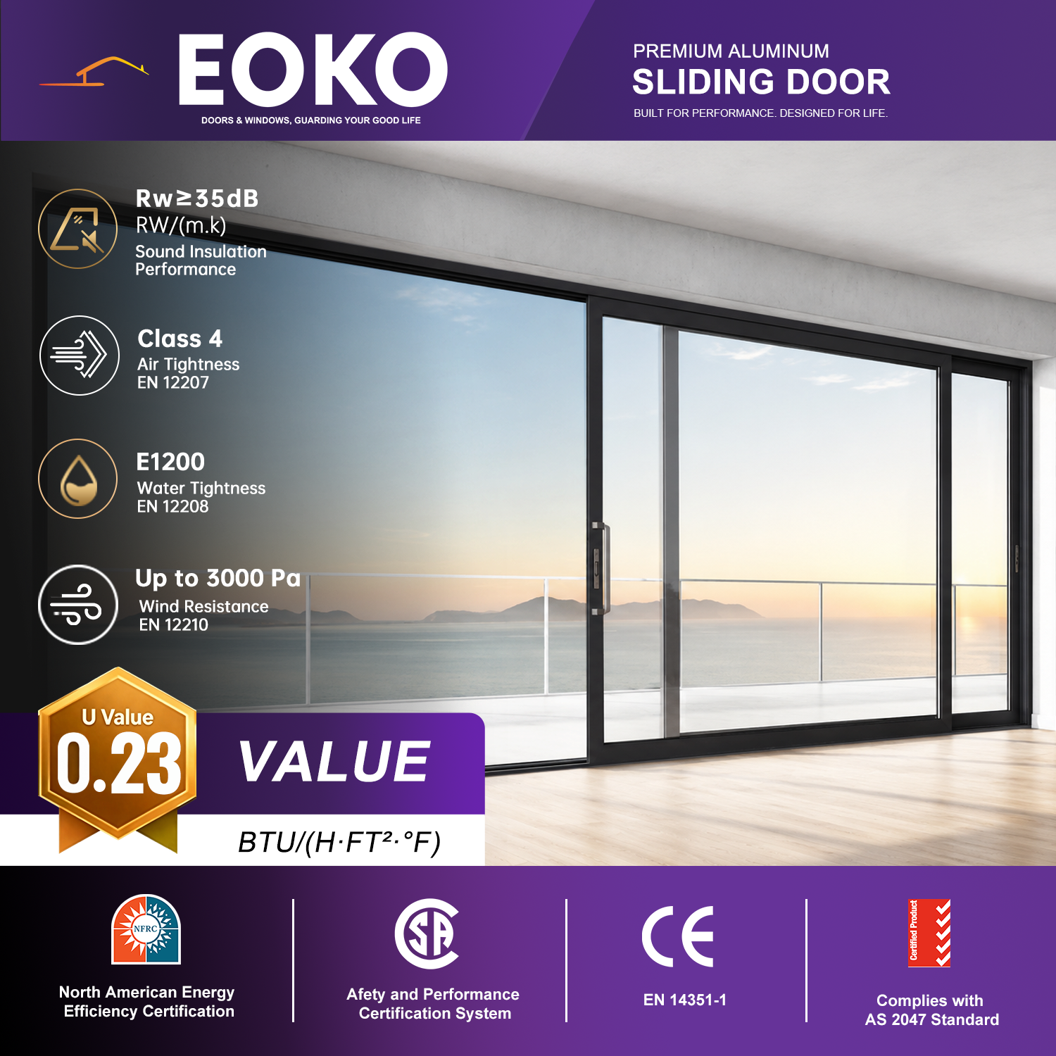 EOKO NFRC CSA Certified Aluminum Sliding Glass Door Heavy Duty Load Bearing Double Glazed Exterior Sliding Door For Villa Hotel