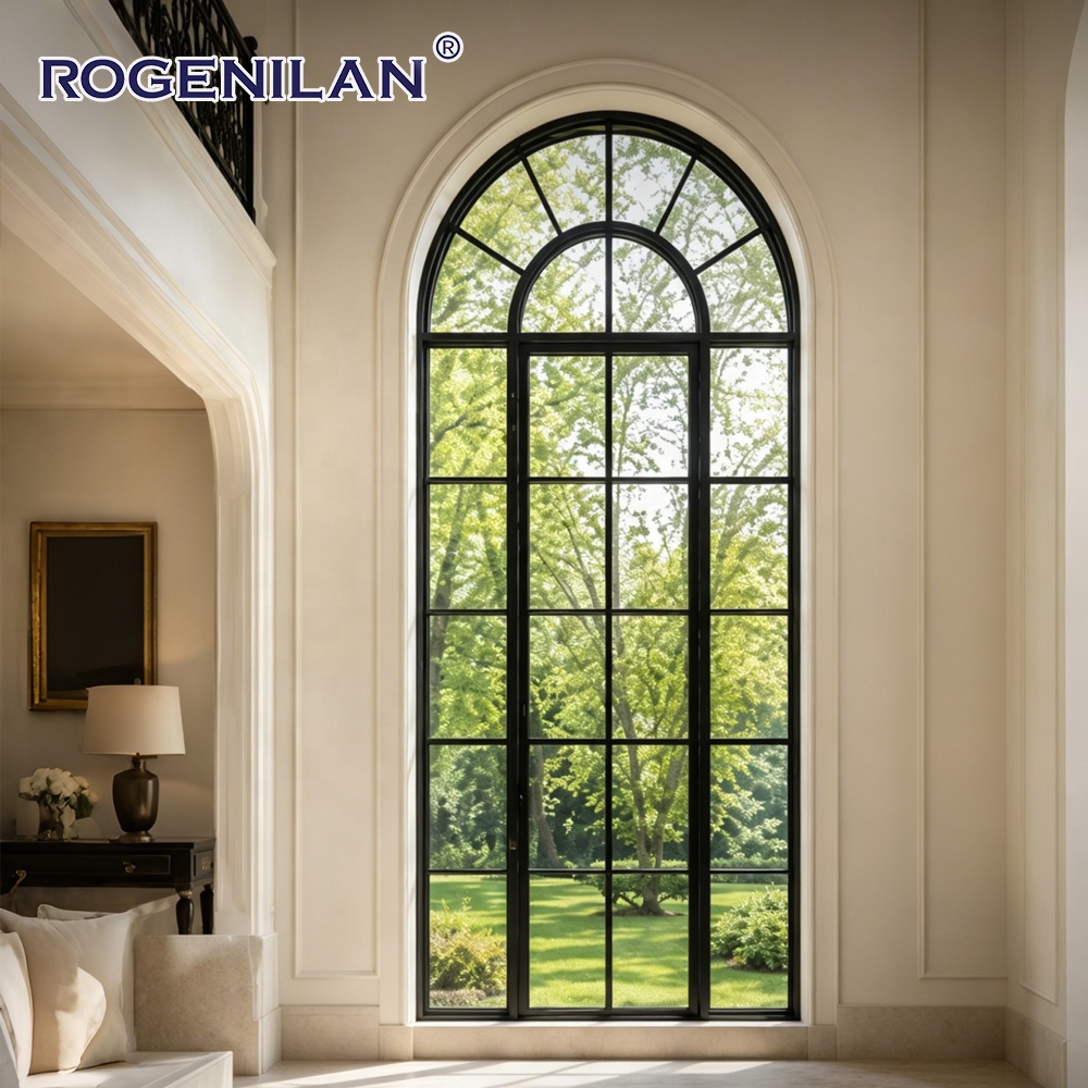 Rogenilan French Waterproof Aluminum Grille Fixed Glass Windows Double Low-E Glazed Arched Panoramic Picture Window