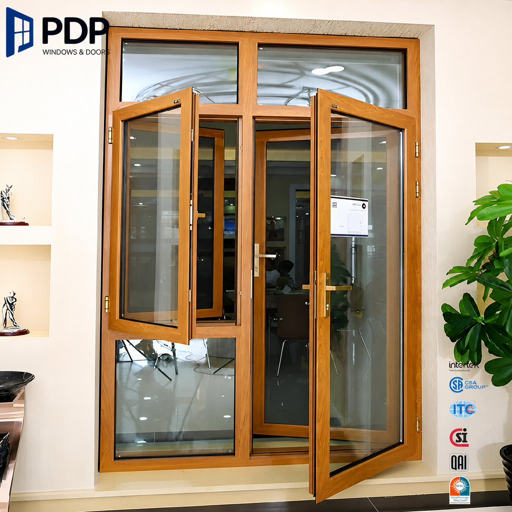 PDP High-Security Anti-Theft Aluminium Clad Wood Glass Casement Doors For Courtyard And Balcony