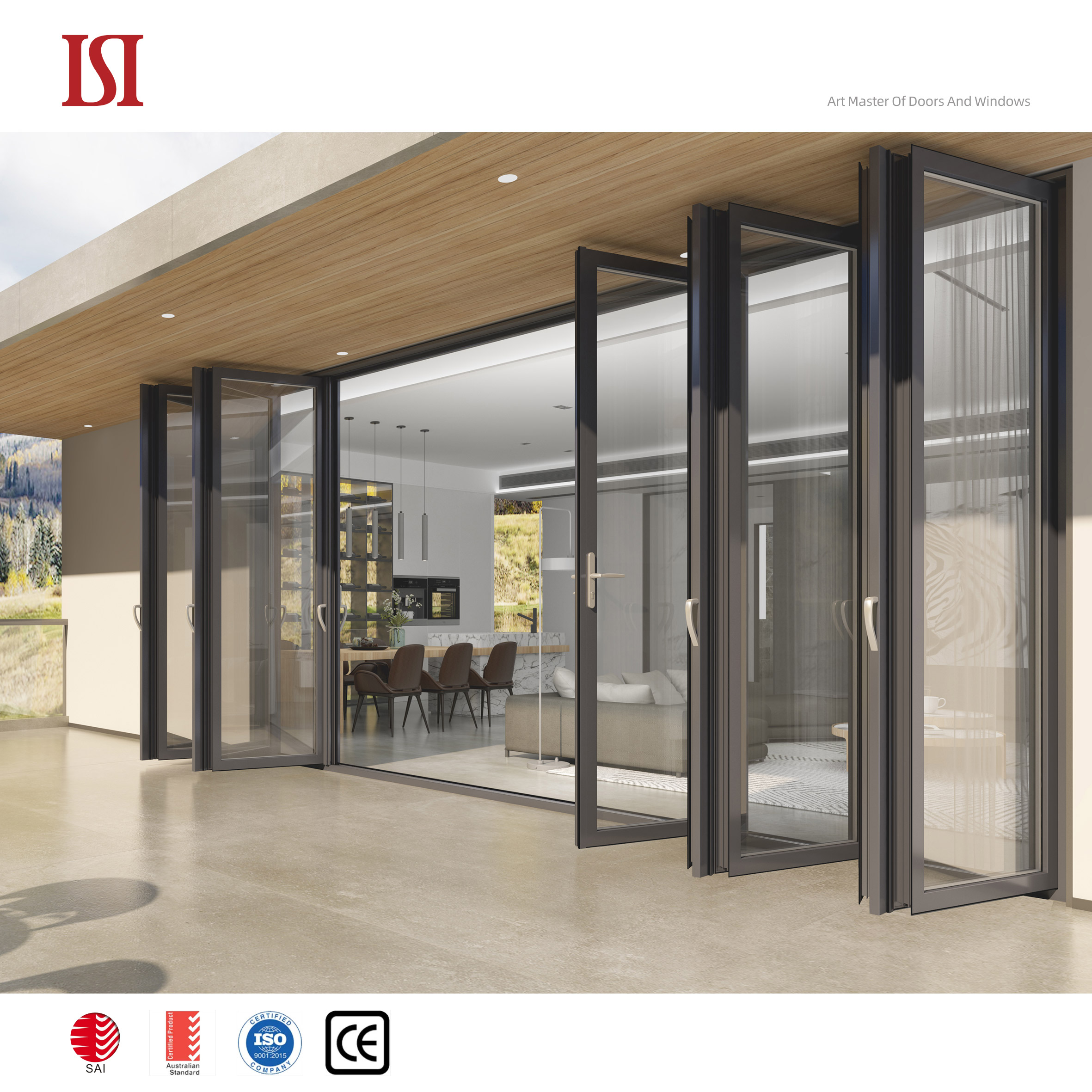 Top Brand Extra Wide Aluminum Tempered Glass Foldable Space Partition Modern Folding Door System for Kitchen Living Room Villa