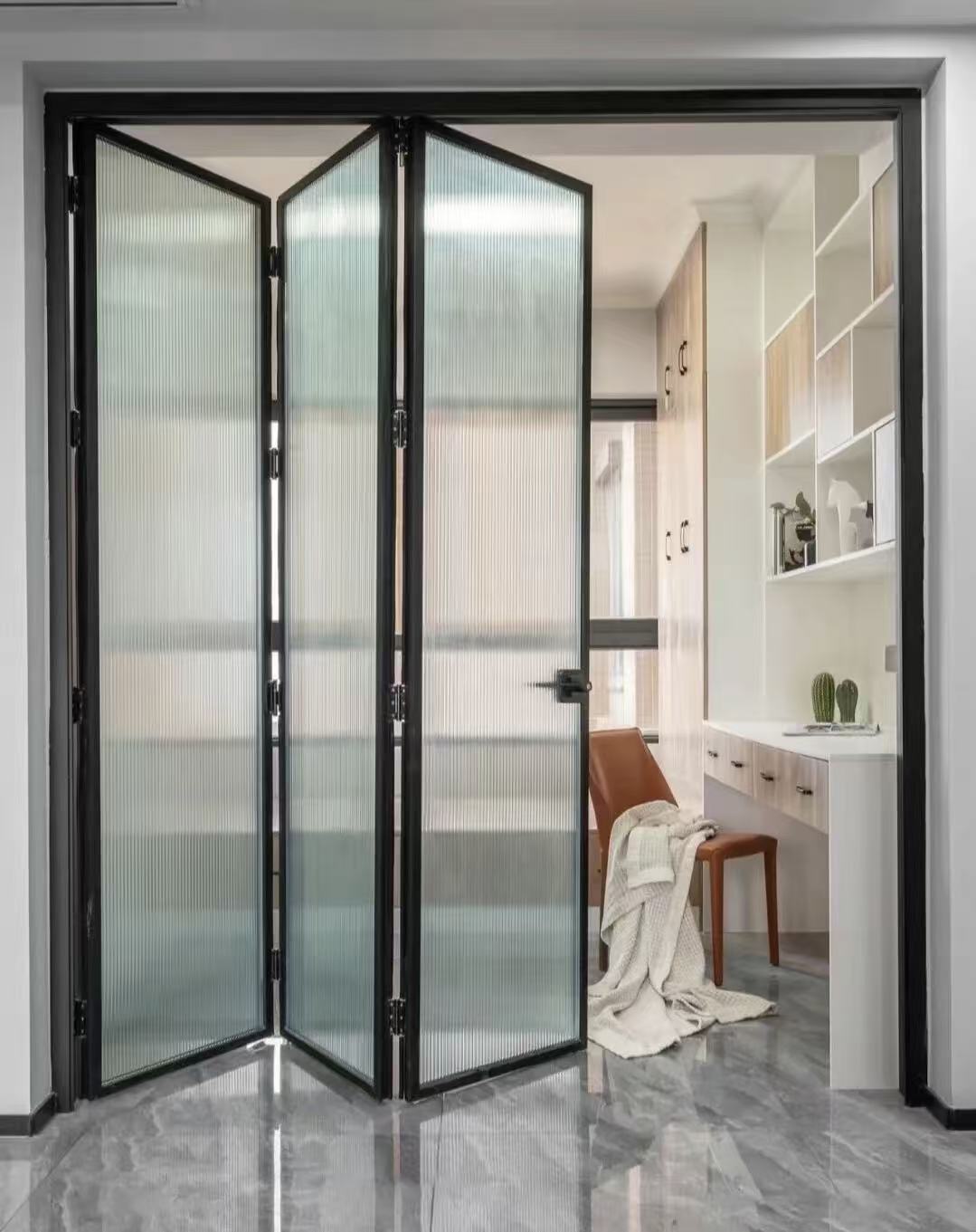Customized Chinese Standard Indoor Warehouse Minimalist Windproof Aluminum Double Tempered Glass Kitchen Double Folding Door