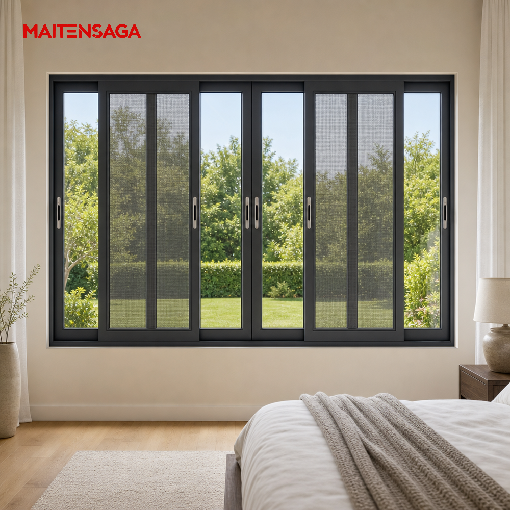 Three Track Aluminium Sliding Window Double Glazing Black Frame Modern Horizontal Sliding Glass Window for Balcony Living Room