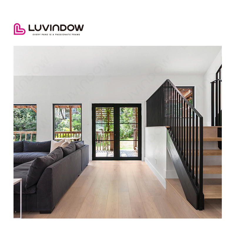 Luvindow Aluminum French Design Mother and Son Double Open Door Modern Front Hinged Main Entrance Door with Grille Design