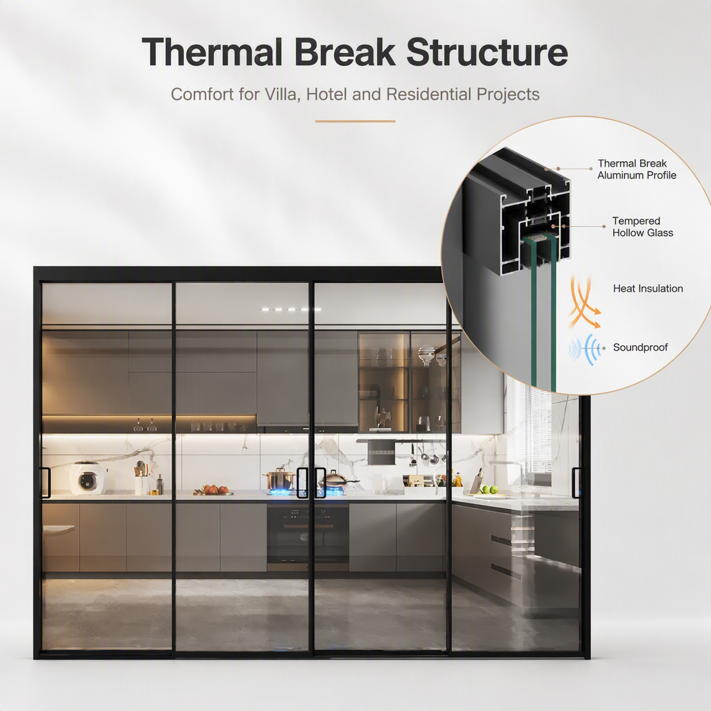 Thermal Break Aluminum Sliding Door Narrow Frame Flush Design Tempered Hollow Glass Low-E Soundproof for Villa Balcony