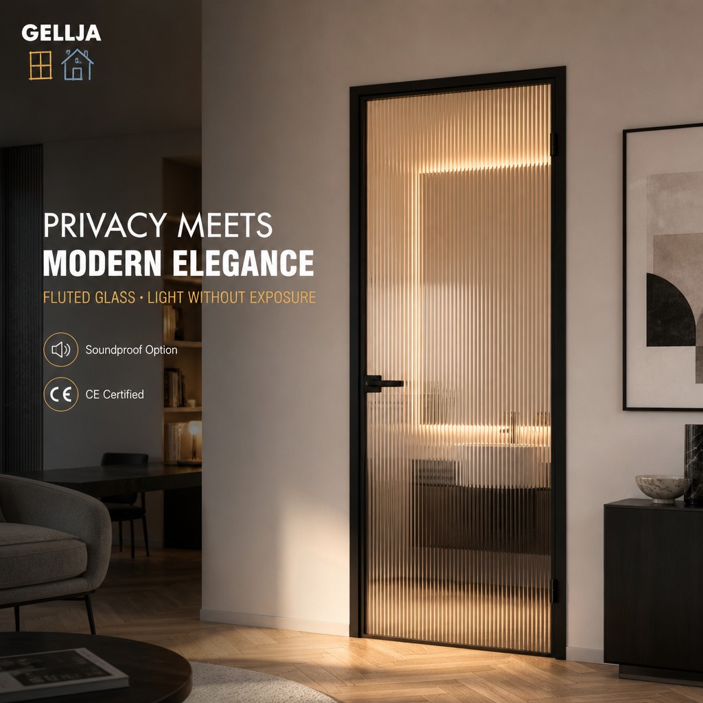 GELLJA Modern Interior Aluminum Swing Door Fluted Glass Narrow Frame Manual CE Certified for Apartment Hotel Bathroom Kitchen