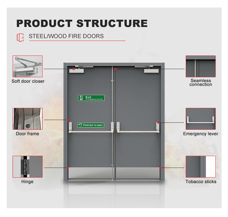Custom Safety Entry Glass Fire Security Door Aluminum Modern Design Interior Use Fire Prevention Sound Insulation for Hotels