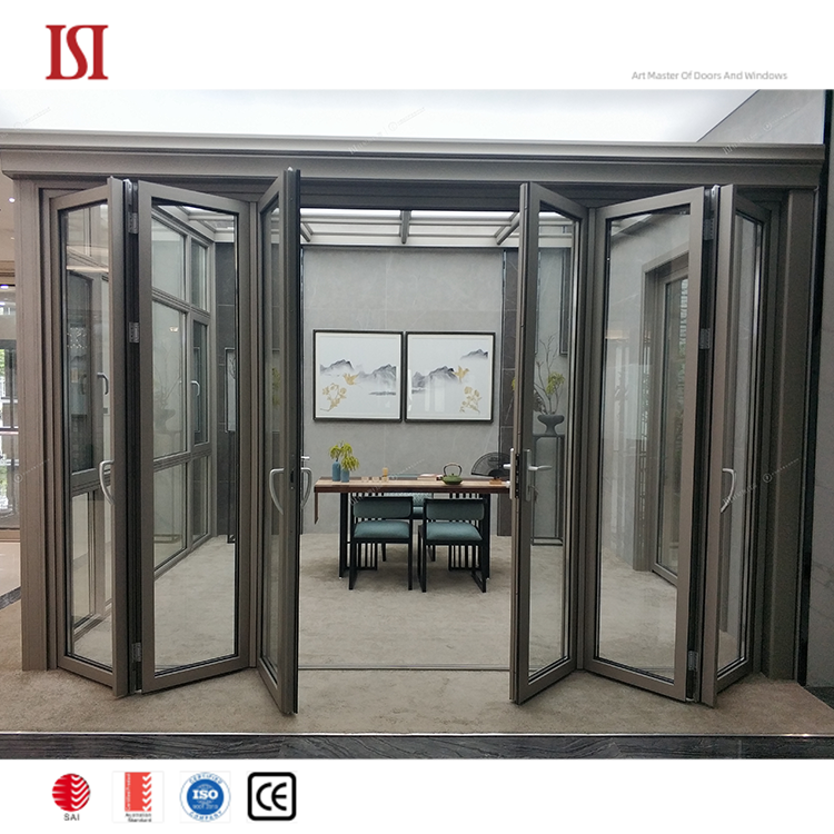 Top Brand Extra Wide Aluminum Tempered Glass Foldable Space Partition Modern Folding Door System for Kitchen Living Room Villa